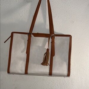 Chic White and Tan Tote Bag with Tassel